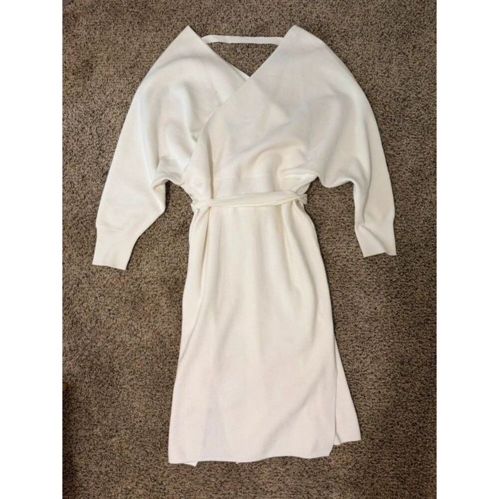 Womens 2XL White Ribbed Sweater Dress Wrap V Neck Batwing Sleeve Belted